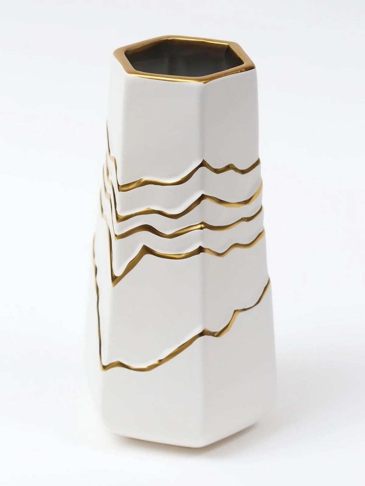 White and Gold Ceramic Striped Vase